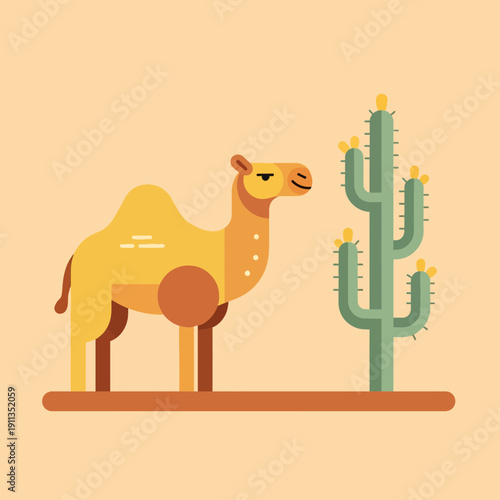 Stylized camel and cactus in desert landscape, flat design