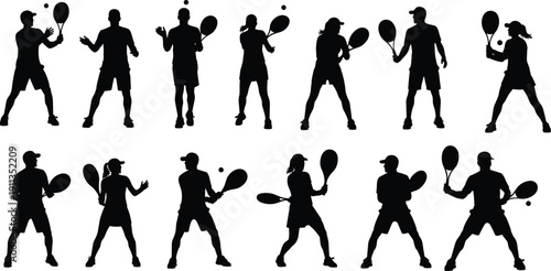 Tennis player silhouettes in various action poses hitting ball with racket, male and female athletes isolated on white background, sports training, competition, fitness concept