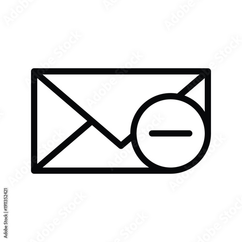 A simple black and white line drawing of an envelope with a circle containing a minus sign. Mail Single Line Icon.