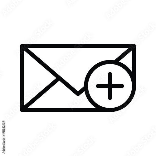 A simple black and white line drawing of an envelope icon with a plus symbol inside a circle, indicating a new email or message. Mail Single Line Icon.