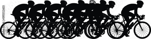 Large group of professional road cyclists riding in a peloton formation featuring male bicycle rider silhouettes isolated on white background vector illustration set.