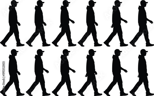 Walking man silhouette sequence showing step by step movement, black isolated male figure animation poses, casual pedestrian walk cycle for motion, video, and design projects