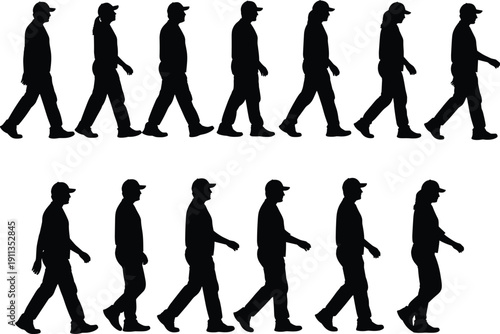 Walking Man Silhouette Sequence Showing Natural Human Gait Cycle in Side View, Motion Study, Animation Reference, and Pedestrian Movement Concept, Isolated on White Background