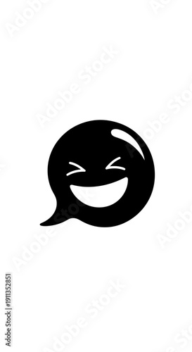 Happy laughing emoji speech bubble in black and white on isolated white background.