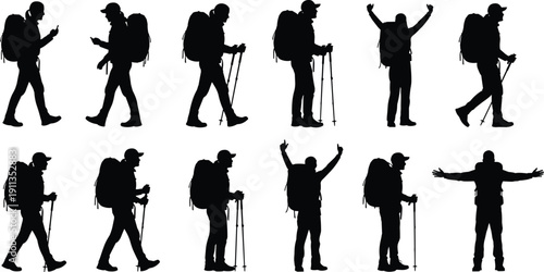 Large collection of hiker silhouettes featuring men and women with backpacks and trekking poles walking and celebrating isolated on white background for outdoor adventure graphics.