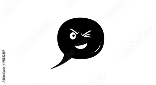 Winking Emoji Face in Black Speech Bubble Expressing Playfulness on Isolated White Background