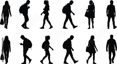 Walking men and women silhouettes set showing casual urban lifestyle, backpack, shopping and mobile phone use isolated on white background black human figures collection