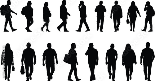 Walking people silhouette collection of men and women in daily life, black isolated pedestrian figures showing urban lifestyle, commuting, shopping and casual movement concepts
