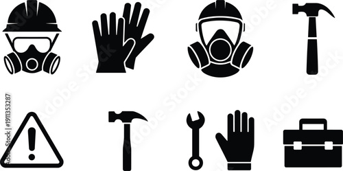 Industrial Safety Icon Set Featuring Protective Gear Gas Mask Hard Hat Gloves Hammer Tool Box Wrench and Warning Sign Vector Illustrations