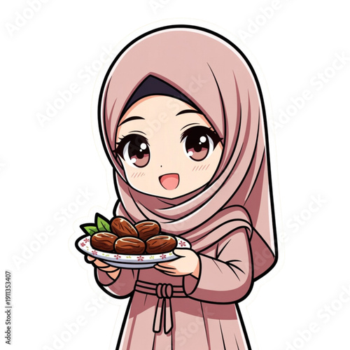 A charming cartoon Muslim girl in a pink hijab offers a plate of delicious dates with a warm and inviting smile. Her rosy cheeks and big eyes add to her adorable appearance.