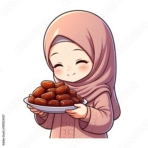 A charming cartoon Muslim girl in a pink hijab offers a plate of delicious dates with a warm and inviting smile. Her rosy cheeks and big eyes add to her adorable appearance.
