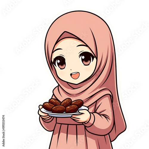 A charming cartoon Muslim girl in a pink hijab offers a plate of delicious dates with a warm and inviting smile. Her rosy cheeks and big eyes add to her adorable appearance.