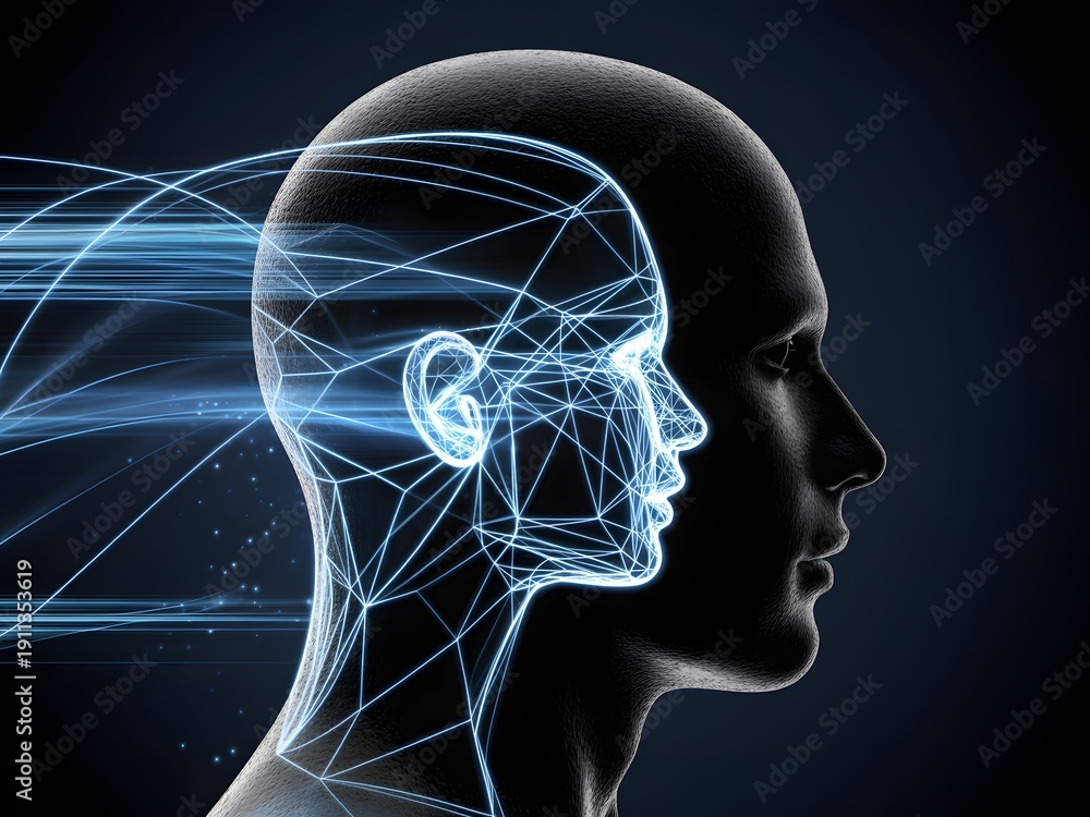Fototapeta premium Digital Human Head with Neural Network Lines and Brain Visualization, Artificial Intelligence Thinking Process, Data Transmission, Cognitive Computing Technology and Futuristic Mind Interface