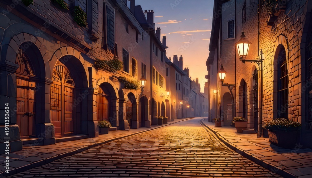 Fototapeta premium Enchanting European street at dusk with warm lighting.