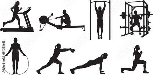 Fitness Silhouette Set: Cardio, Strength, and Bodyweight Exercises Isolated on white background