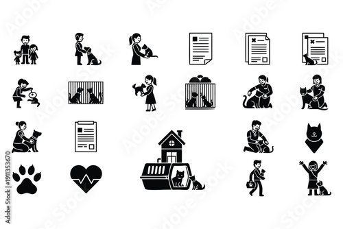 Diverse collection of pet care and animal adoption icons featuring cats dogs and people isolated on transparent background