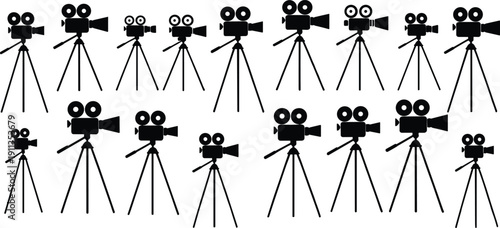 Large collection of vintage movie camera silhouettes on tripods isolated on white background for cinema production and film industry projects