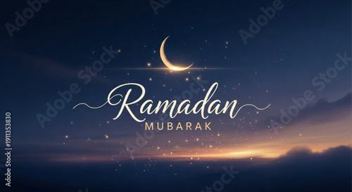 Ramadan mubarak greeting with crescent moon at sunset sky background