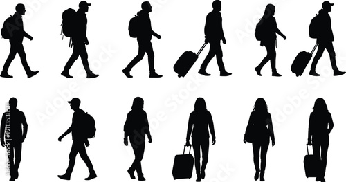 Walking traveler silhouettes with backpacks and rolling luggage, black isolated people figures in motion, travel, tourism, commuting and lifestyle concept
