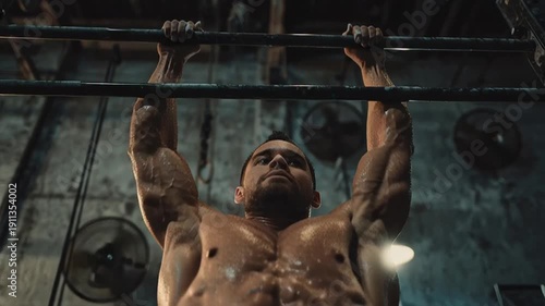 Muscular Man Doing Pull ups in a Gym