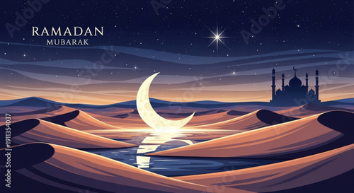 Ramadan mubarak desert landscape with crescent moon and mosque at sunset stars in night sky sand dunes and pool of water