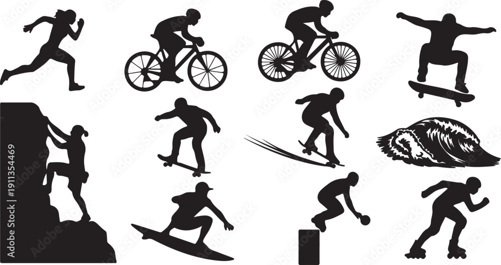 Fototapeta premium Extreme Sports Silhouettes with Bicycle, Skateboard, Snowboard, and Climbing Actions Isolated on white background
