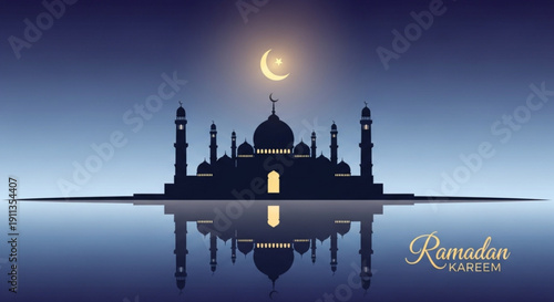 Ramadan kareem mosque silhouette at night with crescent moon and reflection