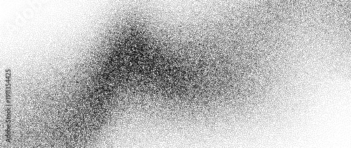 Black stippled sand wavy texture. Sandy dotted gradient wave background. Aged gritty wallpaper with specks, particles, granules. Vector grunge grain noise speckle backdrop for banner, poster, brochure