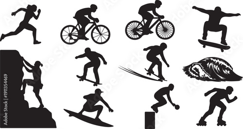 Extreme Sports Silhouettes with Bicycle, Skateboard, Snowboard, and Climbing Actions Isolated on white background