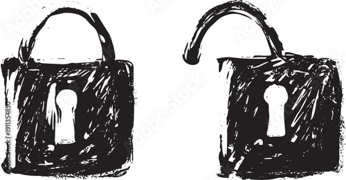 ロック・アンロック・鍵・南京錠の手書きの墨絵風のアイコンイラスト素材