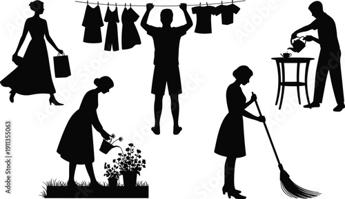 Large set of people doing household chores silhouettes with gardening laundry sweeping and cleaning bathroom maintenance black vector illustration