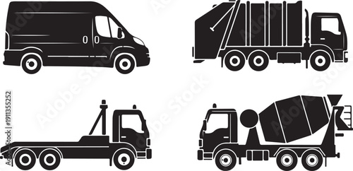 Set of Commercial Vehicles: Van, Garbage Truck, Tow Truck, Cement Mixer Isolated on white background