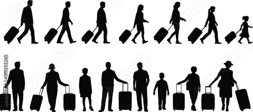Large Set of People Silhouettes Carrying Luggage and Suitcases, Travelers Walking and Standing Vector Graphics for Airport Tourism and Vacation Design