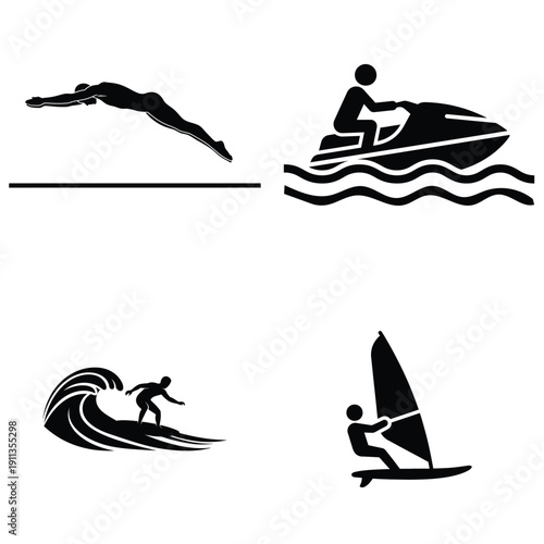 Black and white vector silhouette icon set of water sports including surfing, windsurfing and jet ski.