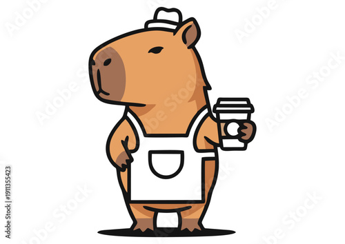 Cute capybara barista standing with coffee cup. Flat vector animal mascot ideal for cafe logo, beverage branding, packaging, stickers, and modern lifestyle projects.