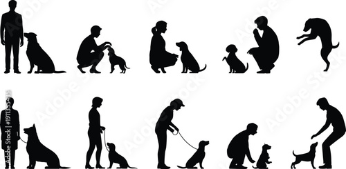 Large set of people training and playing with dogs silhouettes, pet owners interacting with puppies, canine behavior and obedience vector icons