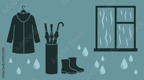Rainy day essentials vector illustration with raincoat and boots.