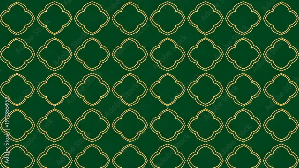Fototapeta premium Delicate gold quatrefoil pattern overlaying a rich forest green textured background. Elegant, classic, repeating design.