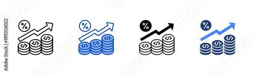 Inflation Rate  Solid color and black line drawing vector illustration set