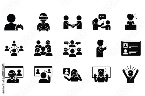 Modern collection of communication and social interaction icons featuring gaming networking and online collaboration concepts
