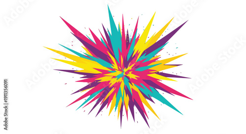 Vibrant multicolored abstract graphic design with sharp lines radiating from a central point on a white background.