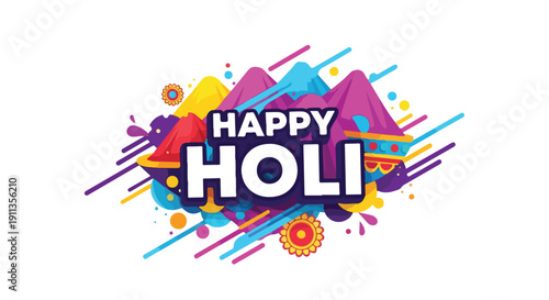 Vibrant Holi celebration graphic with colorful paint splatters and 'HAPPY HOLI' text on a white background.