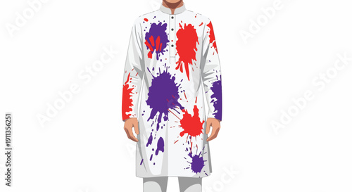 A person wearing a white smock with colorful purple and red paint splatters on a plain white background.