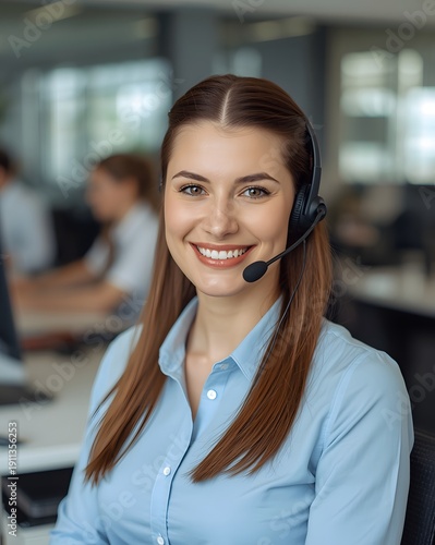 Smiling Customer Service Representative Wearing Headset in Modern Call Center Office Environment
