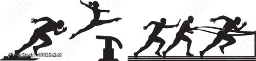 Athletes Running and Jumping Silhouettes with Sports Equipment Isolated on White Background