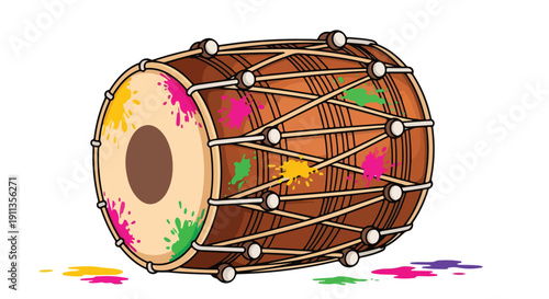 Colorful illustration of a tabla drum with vibrant paint splatters on a white background.