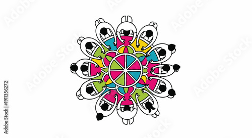 Colorful illustration of diverse people holding hands in a circle with a vibrant, multicolored mandala design on a white background.