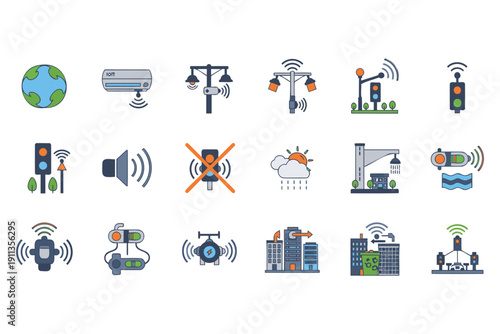 Modern collection of smart city and internet of things icons featuring connected technology devices and infrastructure elements