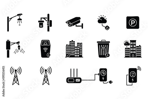Modern collection of smart city and internet of things icons featuring surveillance cameras wifi routers and smart waste management systems