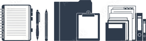 Vector illustration of dark charcoal office supplies including a spiral notebook, pens, folders, clipboard, and binders, isolated on a transparent background.